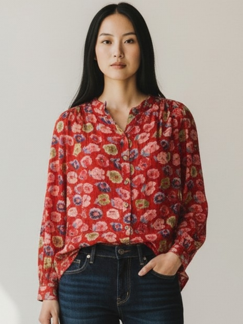 Anthropologie Pilcro Red Floral Button-Front Women's Blouse S